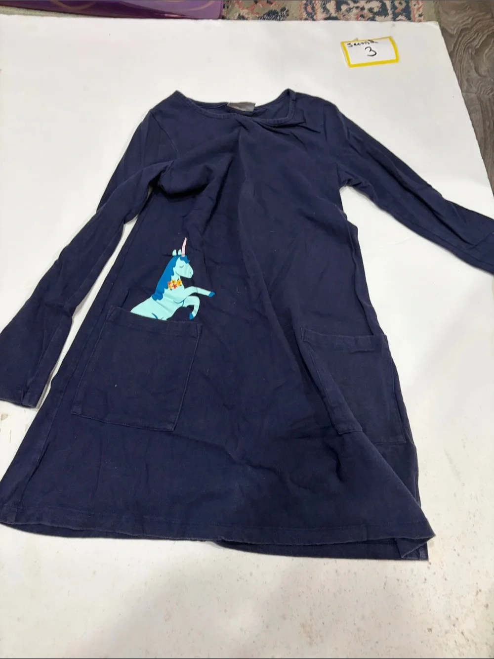 Hanna Andersson Navy Long-Sleeve Dress with Teal Unicorn Pocket